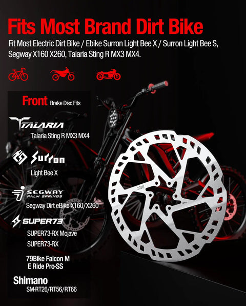 Beefy 203Mm Thickened Front Brake Disc Rotor for Talaria Sting Offroad TL3000 with bike compatibility chart.