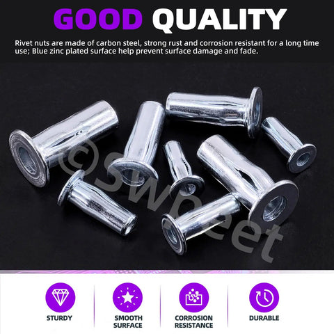 Twenty Piece M4 Metric Carbon Steel Rivet Nuts Kit With White Zinc Plating, multiple rivets displayed on black background.