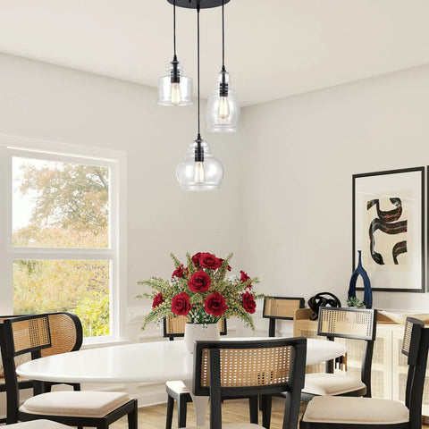 Three Light Modern Cluster Glass Pendant Lights With Amber Glass Shades For Kitchen Island And Dining Room over dining table