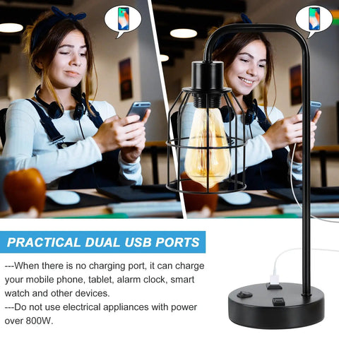 Industrial Bedside Lamp Set Of 2 With USB Ports And Built In Outlet Boho Cage Shade Desk Lamp for Bedroom Close-up
