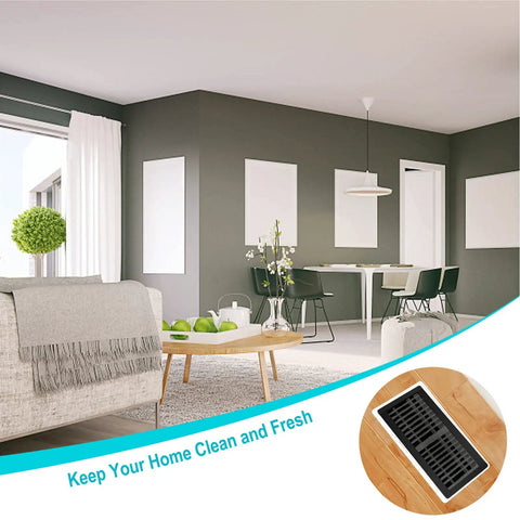 Living room with Magnetic Floor Vent Covers 4x10 Inch Mesh PVC Frame Black 2 Pack showing vent catching debris.
