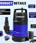 Three In One Submersible Sump Pump With Float Switch Half HP 400W 2905 GPH, blue-black design, showing power cord and pipe details.