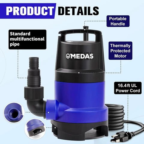 Three In One Submersible Sump Pump With Float Switch Half HP 400W 2905 GPH, blue-black design, showing power cord and pipe details.