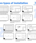 Diagram showing two types of installation for no drill curtain rods for windows 36 to 88 inches with adhesive brackets.