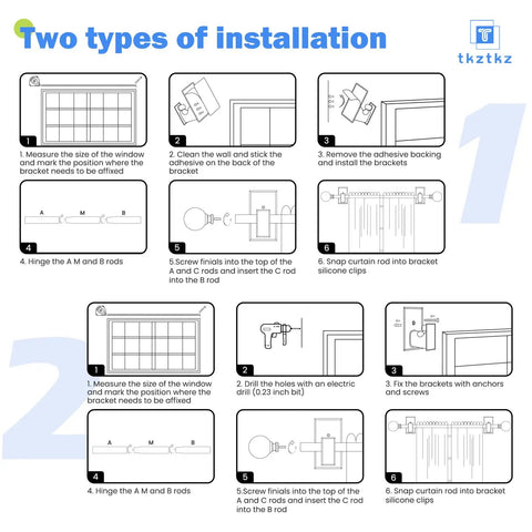 Diagram showing two types of installation for no drill curtain rods for windows 36 to 88 inches with adhesive brackets.