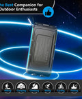 Maxed-Out 49800mAh Solar Power Bank with 15W Fast Charging shown with carabiner clip against a glowing blue circular background