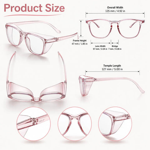 Womens Super Safe Glasses Anti Fog Scratch Proof Clear Lenses Side Shields Stylish Eye Protection For Nurses Labs Daily Grind Snazzy Goggles size diagram with dimensions.