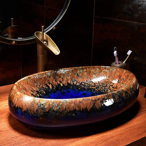 Vintage Handpainted Ceramic Vessel Sink For Bathroom Vanity Countertop Featuring Tough Glazed Finish And Super Slick Cleanup In Rad Ink Green No Overflow Basin For A Total Room Makeover.