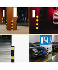 Heavy Duty Reflective Rubber Column Protectors Black And Yellow Anti Collision Corner Guards For Garages And Warehouses Durable Side Bumpers displayed in diverse garage environments.