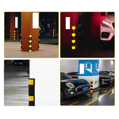 Heavy Duty Reflective Rubber Column Protectors Black And Yellow Anti Collision Corner Guards For Garages And Warehouses Durable Side Bumpers displayed in diverse garage environments.