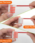 Demonstrating use of 180 Piece Lever Wire Connector Kit With 1 2 3 5 Port Variety Push In Wire Nuts AWG 28 To 12
