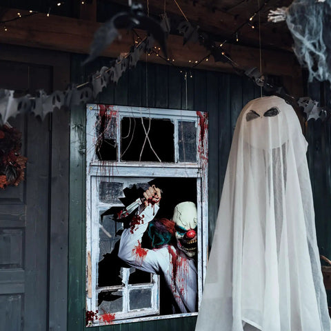 Haunting Halloween Window Curtain With 16.4 Ft LED Lights, Creepy Clown Backdrop And Joker Poster Decor for doors and walls