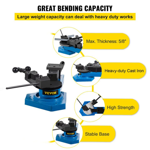 Heavy Duty Manual Bender For Steel And Metal Rods With Adjustable Radius And Angle Pro Grade Scroll Bender For Steel Brass Copper Aluminum Perfect For Home Shop And Industrial Projects, cast iron base, 5/8 inch max thickness