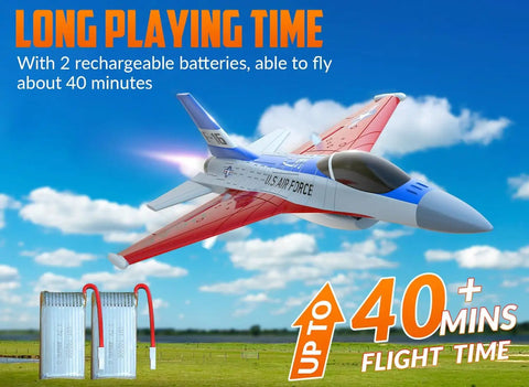 F 16 Fighting Falcon RC Plane With 2.4GHz 2CH Remote features LED lights, flying over grass, offers up to 40 minutes flight time.