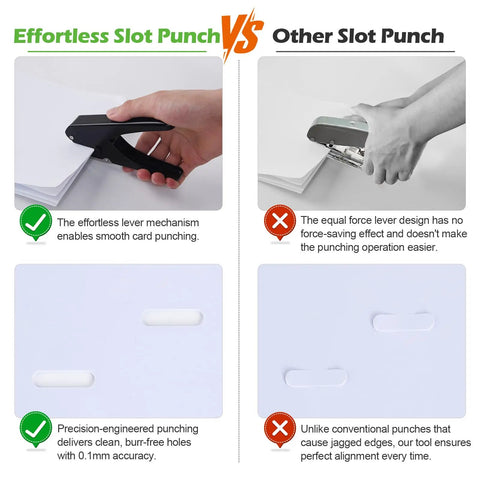 Comparison of Effortless Slot Punch vs Other Slot Punch with images showing hole quality and mechanism differences