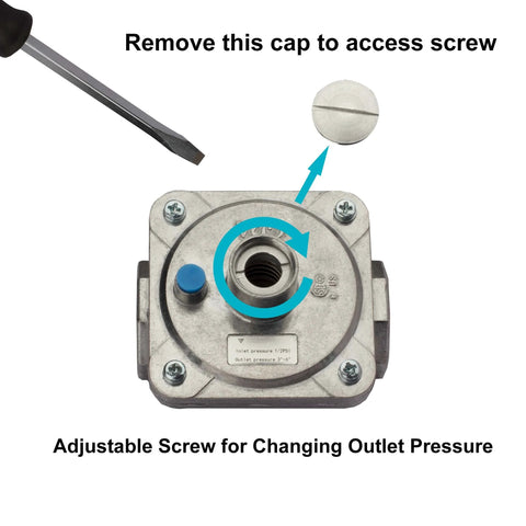 Adjustable Natural Gas Regulator showing screw cap for pressure adjustment, 3 to 6 inches water column output, half PSI input, half inch NPT fitting