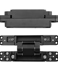 Rock Solid Black Hidden Door Hinges For Flush Wood Panels, Heavy Duty Concealed Butt Hardware with three way adjustability, top view.