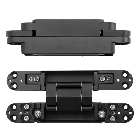 Rock Solid Black Hidden Door Hinges For Flush Wood Panels, Heavy Duty Concealed Butt Hardware with three way adjustability, top view.