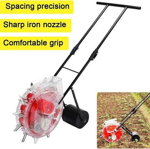 Manual Garden Seeder Hand Push With Precision Roller Seeding And Fertilizer Applicator, sharp iron nozzle, comfortable grip