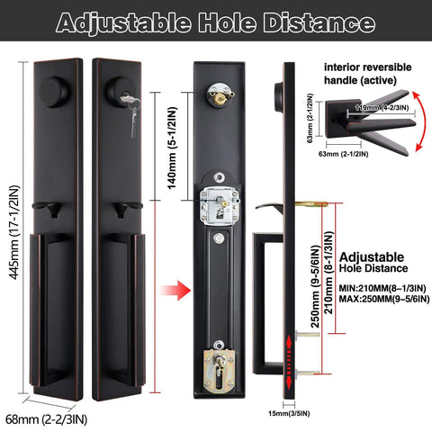 Beefy Heavy Duty Keyed And Dummy Handleset For Dual Door Entry In Pewter Finish with adjustable hole spacing diagram
