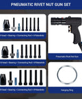 Pneumatic Rivet Nut Gun Kit With One Quarter Inch, Five Sixteenth Inch And Three Eighths Inch Mandrels, Self Locking Gun Head, Quick Change, Durable Rivnut Tool For Aluminum And Steel, showing components and tool.