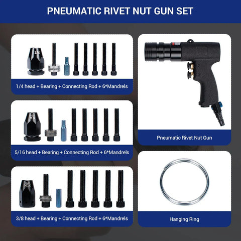 Pneumatic Rivet Nut Gun Kit With One Quarter Inch, Five Sixteenth Inch And Three Eighths Inch Mandrels, Self Locking Gun Head, Quick Change, Durable Rivnut Tool For Aluminum And Steel, showing components and tool.