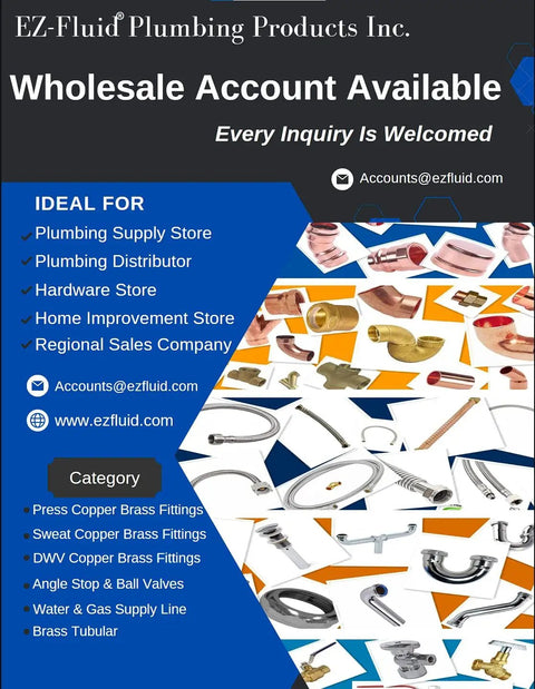EZ-Fluid Plumbing Products Inc. wholesale ad with images of copper fittings and valves, ideal for plumbing and hardware stores.