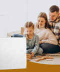 Family sitting with 20x20x1 Air Filter For Furnace And AC MERV 13 Electrostatic Nanofiber Pet Friendly 8 Pack in front