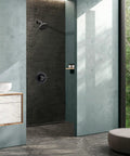 Modern bathroom shower with Pressure Balancing Valve Trim Replacement For D14 Series Matte Black With Easy Adjust Lever Handle.