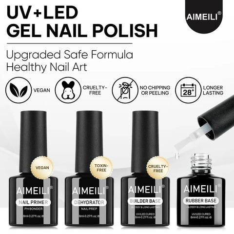 All In One Gel Nail Kit With Builder Gel Rubber Base Nail Dehydrator And Primer For Stronger Natural Nails Hema Free Cruelty Free Vegan UV LED Compatible At Home Mani Kit Salon Quality Four Piece Set featuring four 8ml bottles and a brush.