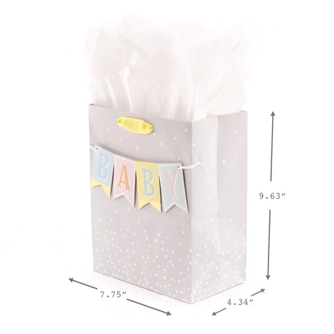 Medium Baby Gift Bag With Tissue Paper, Baby Banner With Foil Accents On Silver Dots, Pink Blue Grey Theme, Yellow Ribbon Handle