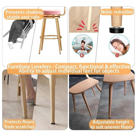32 Piece Leveling Feet Set For Furniture With One Quarter Inch Thread T Nuts Adjustable Screws Rotatable Design Wide Bearing Base To Prevent Scratches And Slippage On Wood Tables Chairs And Cabinets. Chair leg leveling feet on wood furniture, adjustable for uneven floors.