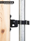 Flat Back Wall Mount Chain Link Fork Latch in black, installed on metal gate and wooden fence, heavy duty hardware, 1 pack
