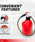 TERA PUMP TRFA01-XL battery-powered fuel transfer pump with universal gas can adapter and 4.27 ft vinyl hose on red can