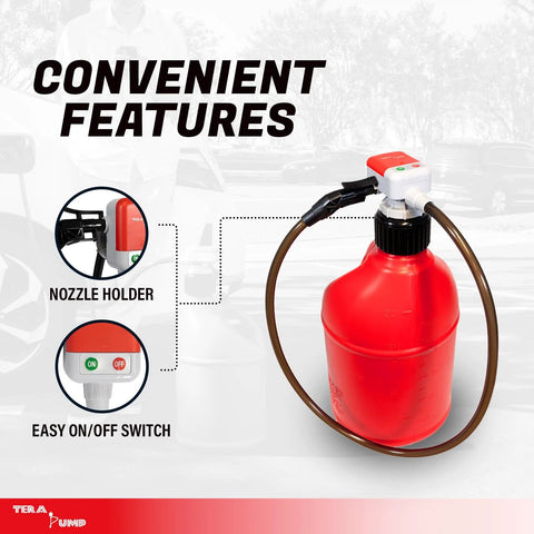 TERA PUMP TRFA01-XL battery-powered fuel transfer pump with universal gas can adapter and 4.27 ft vinyl hose on red can