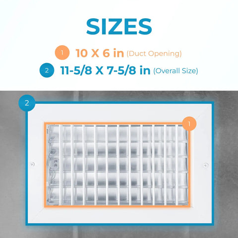 Image of Vent Deflector For 10 By 6 Inch Duct Opening White Wall Grille With Adjustable Front Blades, detailed size dimensions shown