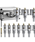Heavy Duty Tungsten Carbide Hole Saw Drill Bit Set, 10 pcs with center drill and L-wrench, titanium coated cutters