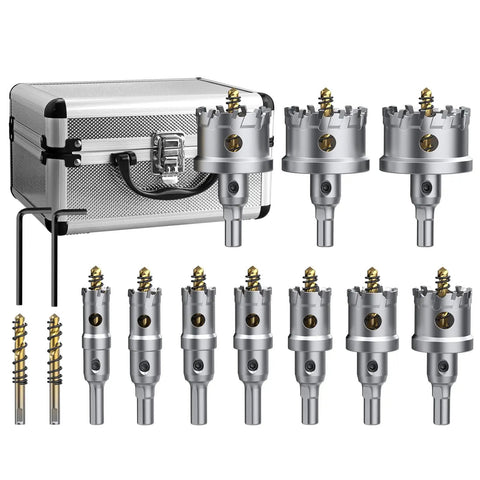 Heavy Duty Tungsten Carbide Hole Saw Drill Bit Set, 10 pcs with center drill and L-wrench, titanium coated cutters