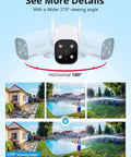 Two Pack Outdoor Security Camera With 2K Color Night Vision For Crisp Details 180 Degree Pan Wired And WiFi Compatible 24 Seven Recording 2.4GHz WiFi AI Human Auto Tracking Works With Alexa And Google Assistant showcasing 270-degree viewing angle.
