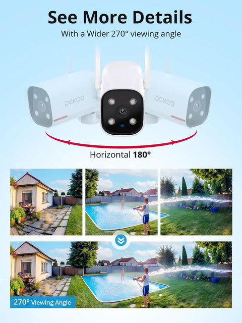 Two Pack Outdoor Security Camera With 2K Color Night Vision For Crisp Details 180 Degree Pan Wired And WiFi Compatible 24 Seven Recording 2.4GHz WiFi AI Human Auto Tracking Works With Alexa And Google Assistant showcasing 270-degree viewing angle.