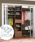 Upgrade Your Space With Premium 4 Sets Of Bi-Fold Door Hardware Repair Kit Featuring Smooth Swivel And Guide Wheels Perfect For Restoring 3/8 Inch Doors To Look Fresh Again Without The Hassle! Image of closet organizer with bifold doors and hardware parts included.