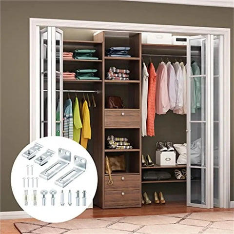 Upgrade Your Space With Premium 4 Sets Of Bi-Fold Door Hardware Repair Kit Featuring Smooth Swivel And Guide Wheels Perfect For Restoring 3/8 Inch Doors To Look Fresh Again Without The Hassle! Image of closet organizer with bifold doors and hardware parts included.