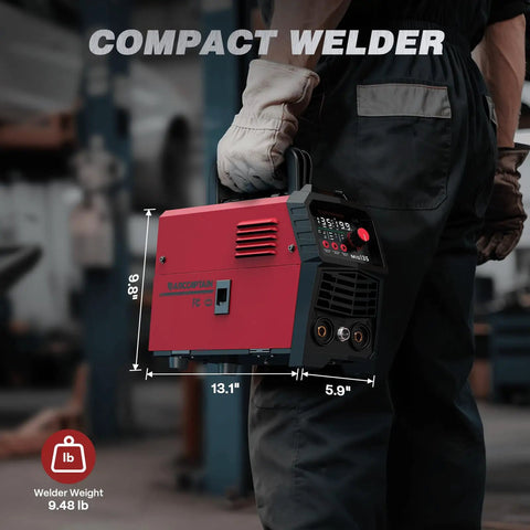 Person holding 135A MIG Welder Workhorse With 110V Power And Large LED Display Flux Core MIG And Lift TIG Plus Stick Welding 3 In 1 Gasless Welder