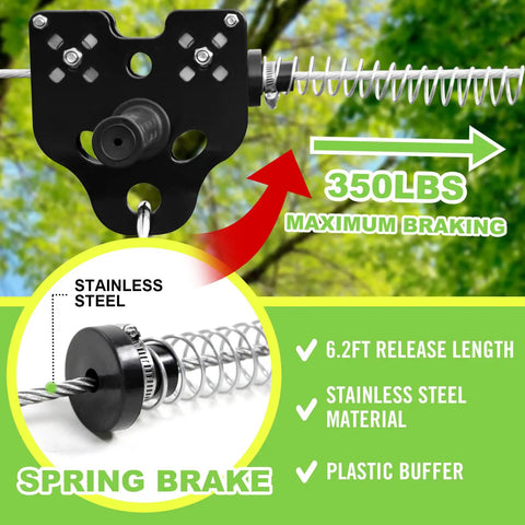 Backyard Zipline Kit For Kids And Adults With 100 Foot Cable 6 Foot Spring Brake Trolley with stainless steel spring close-up