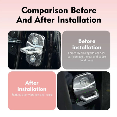 Before and after installation comparison of Heavy Duty Silicone Car Door Slam Blockers on car door striker.