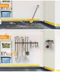 Before and after garage with Solid Metal 64 Inch Wall Mount Garden Tool Organizer With 4 Rails And 16 Hooks installed.