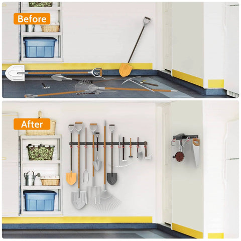 Before and after garage with Solid Metal 64 Inch Wall Mount Garden Tool Organizer With 4 Rails And 16 Hooks installed.