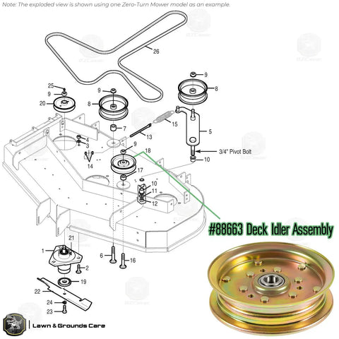 Diagram of deck assembly with #88663 flat idler pulley for power transmission, 1-1/16 belt groove, 5/8 bore, 5-3/4 OD