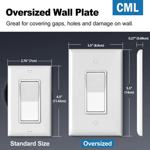 Comparison of standard and oversized Jumbo Decorator Wall Plate Six Pack Oversized 1 Gang White Outlet Covers 3.5 By 5.5 Inches