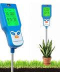 Dope 8 In 1 Soil Meter For Moisture pH Fertility Light And Temperature With Real Time Readouts And Ambient Humidity For Gardeners And Plant Lovers To Dial In Healthy Growth, blue handheld probe in potted plant